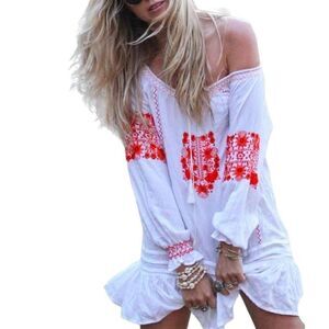 Arnhem Boho Embroidered White Orange Tunic Top Cover Up Size Large